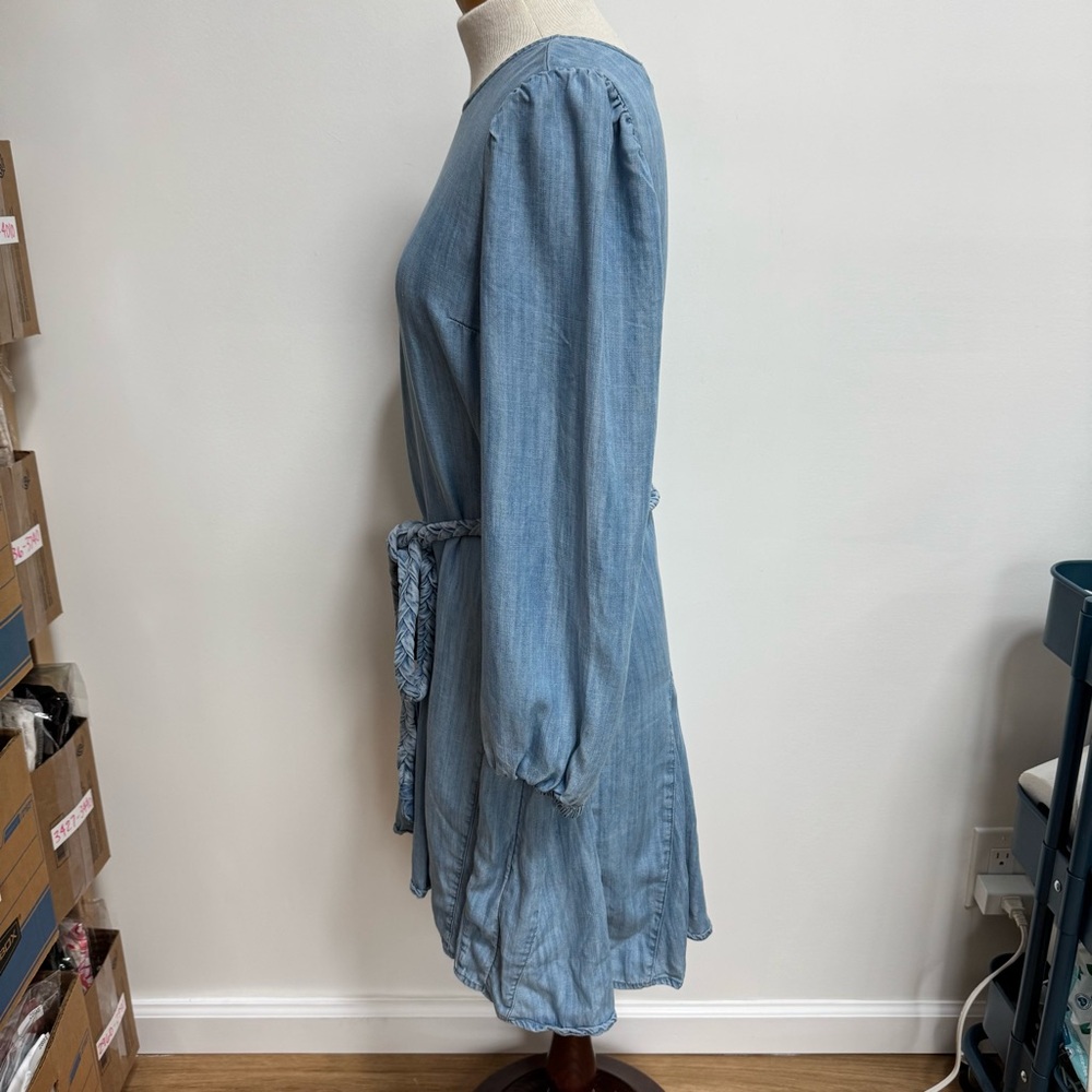 Vineyard Vines Chambray Godet Swing Mini Dress Women Small Belted Long Sleeve - Picture 5 of 13